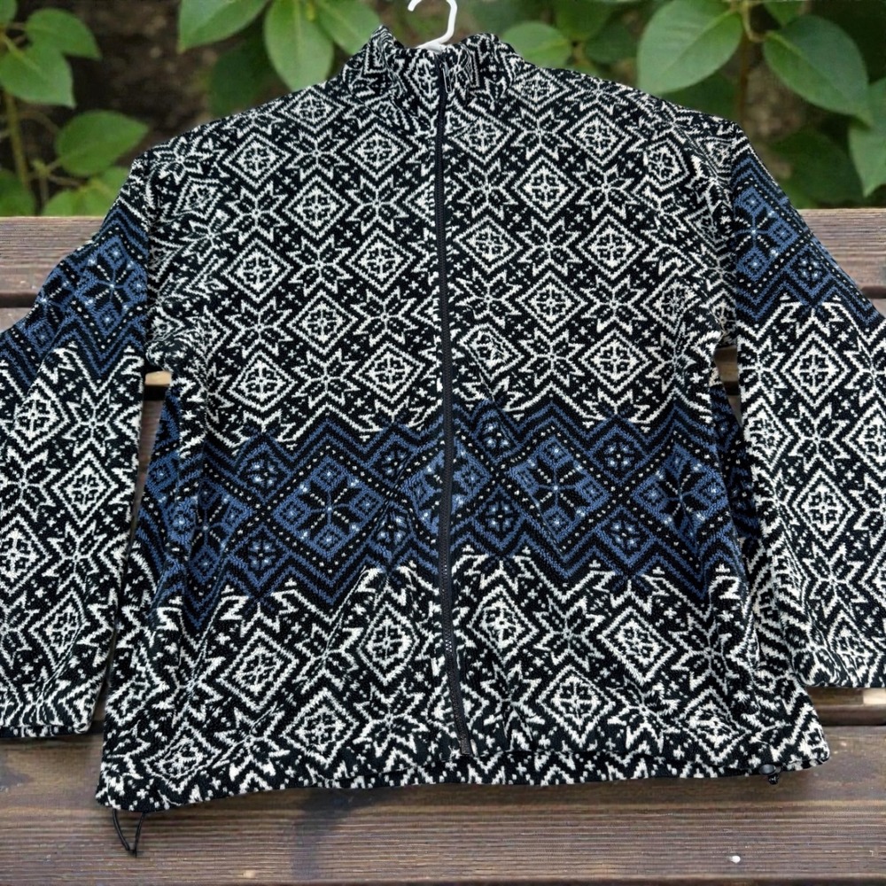 BRITCHES‎ Fair Isle Fleece Zip Up Jacket Black White Blue XL Made in USA Aztec